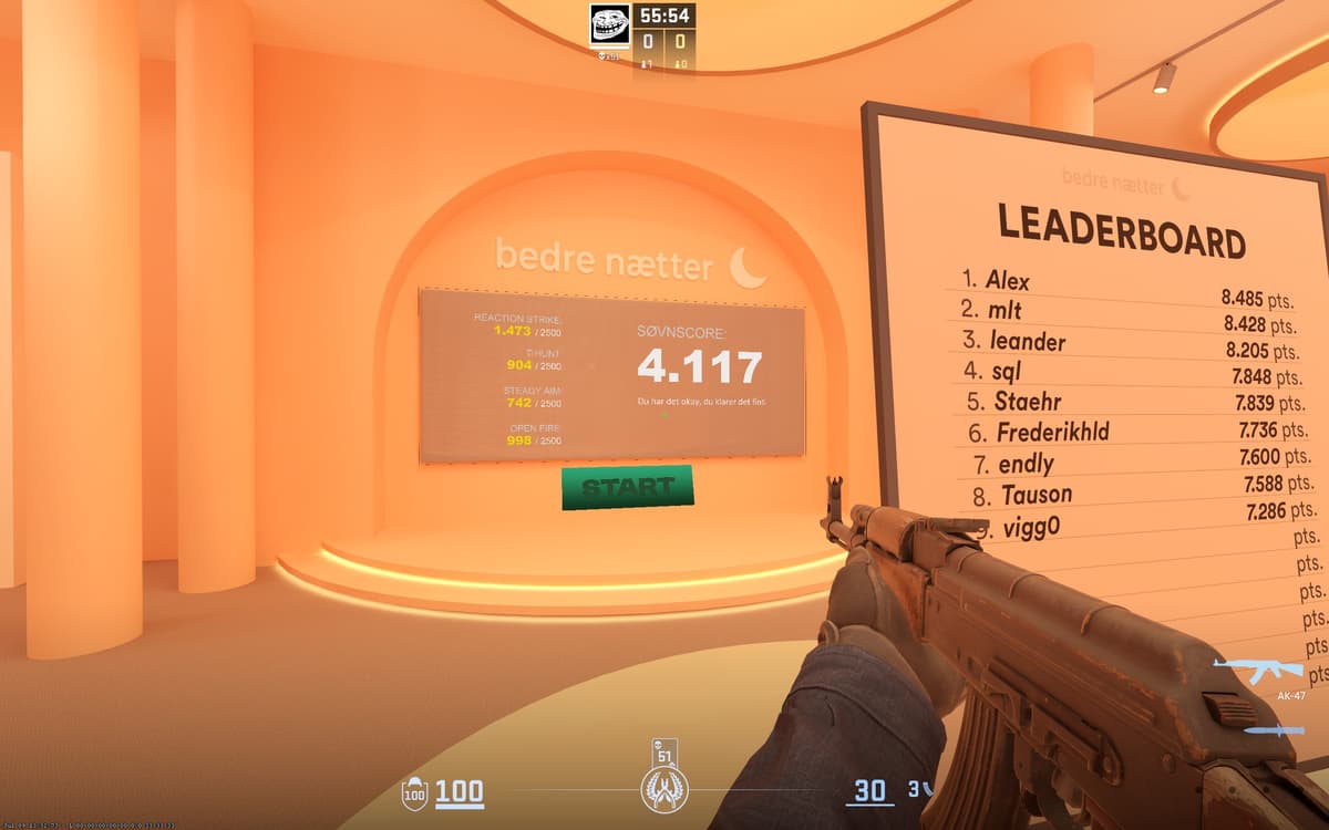 Aim Betternights CS2 — экран результатов Reaction Strike, T-Hunt, Steady Aim, Open Fire и общего score