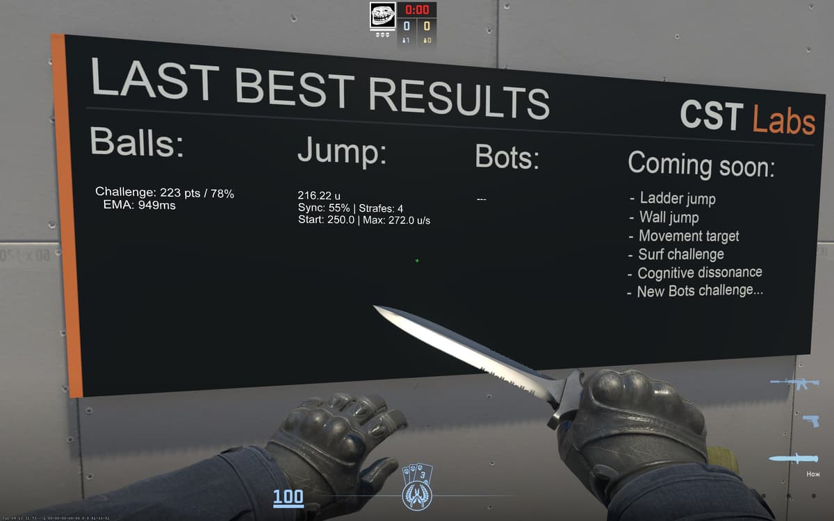 CST Labs BETA6 CS2 — экран Last Best Results для Balls и Jump