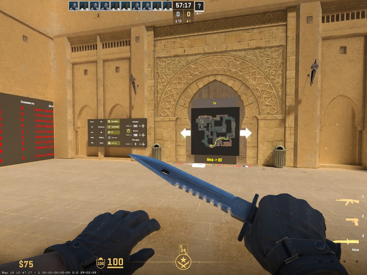 5E_Prac_Mirage_Prefire CS2 — основное меню тренировочной карты с выбором стороны и настроек