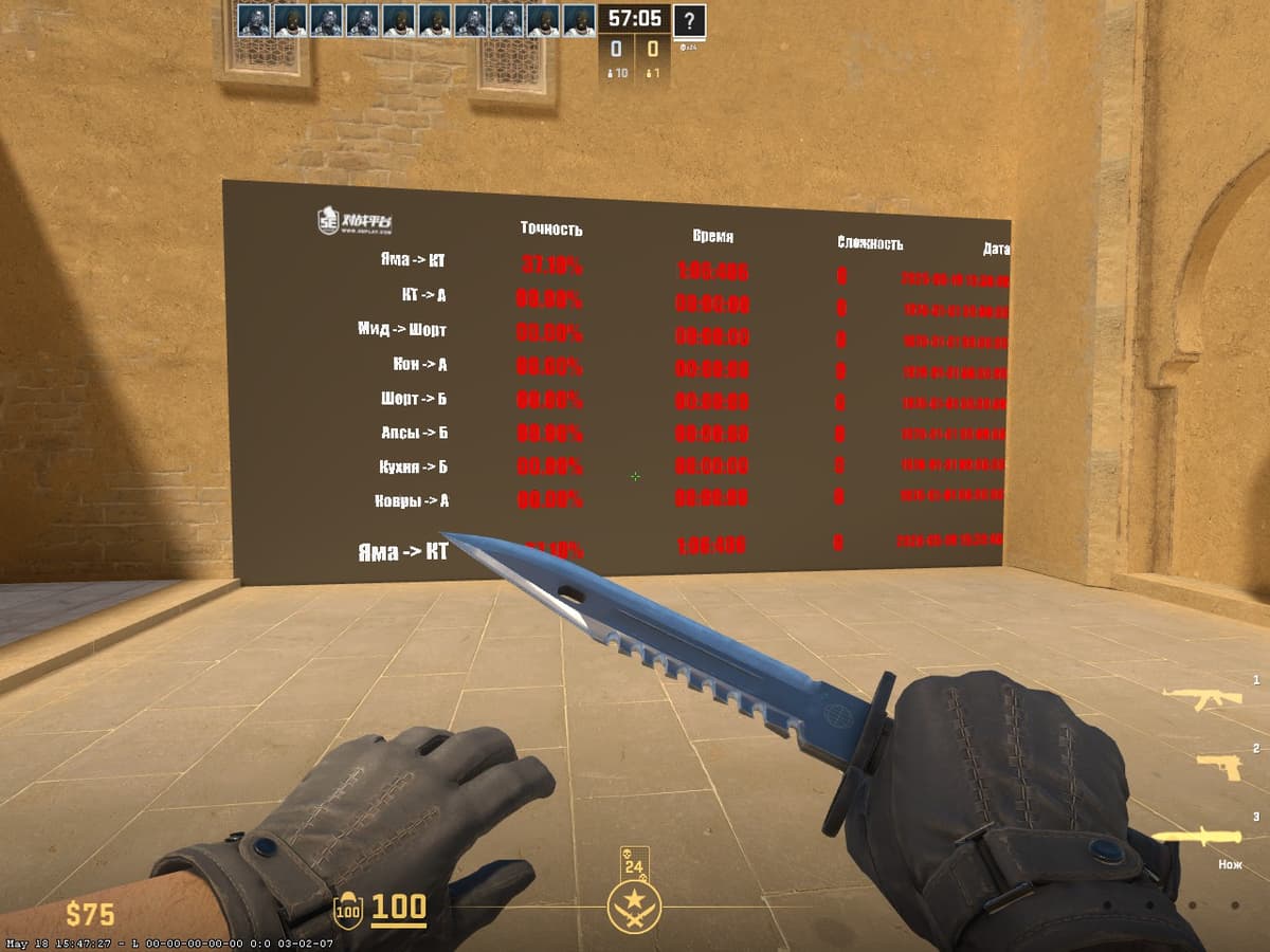 Статистика после раунда на 5E_Prac_Mirage_Prefire CS2 — точность попаданий, время прохождения, хедшоты, разбор по углам Mirage