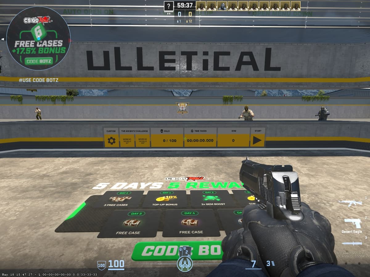 aim_botz CS2 — главный экран тренировочной карты с ботами и ареной для тренировки точности