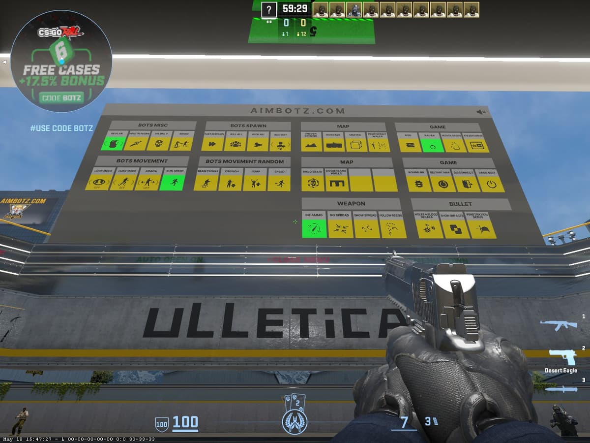 Основные настройки aim_botz CS2 — панель управления количеством ботов и режимом тренировки