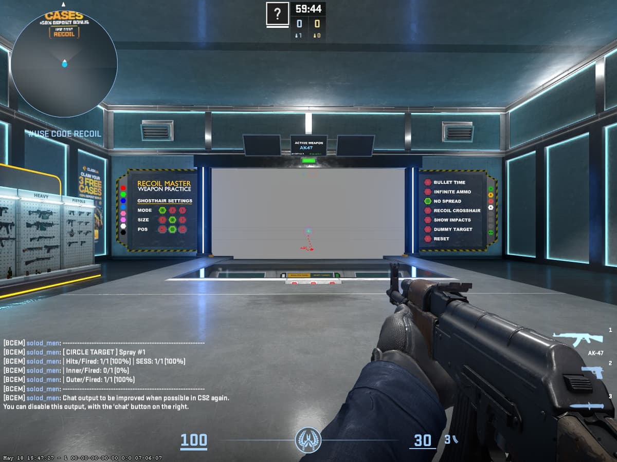 Recoil Master CS2 — главное меню карты для тренировки контроля отдачи