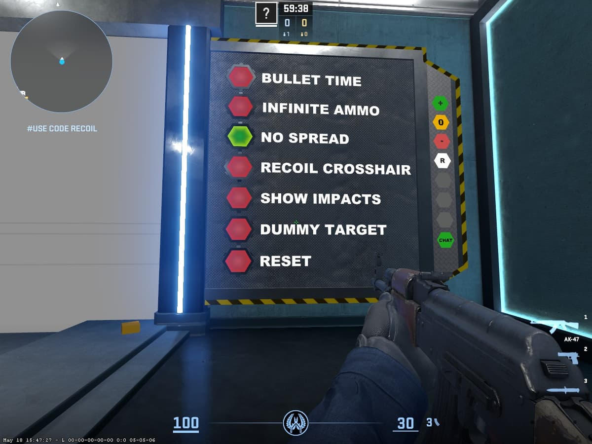 Выбор настроек на карте Recoil Master CS2 — режимы тренировки спрея