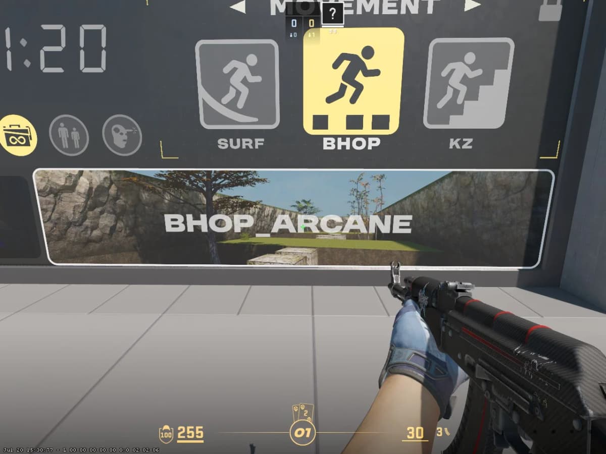 Выбор BHOP_ARCANE на панели движения TRAINING.01
