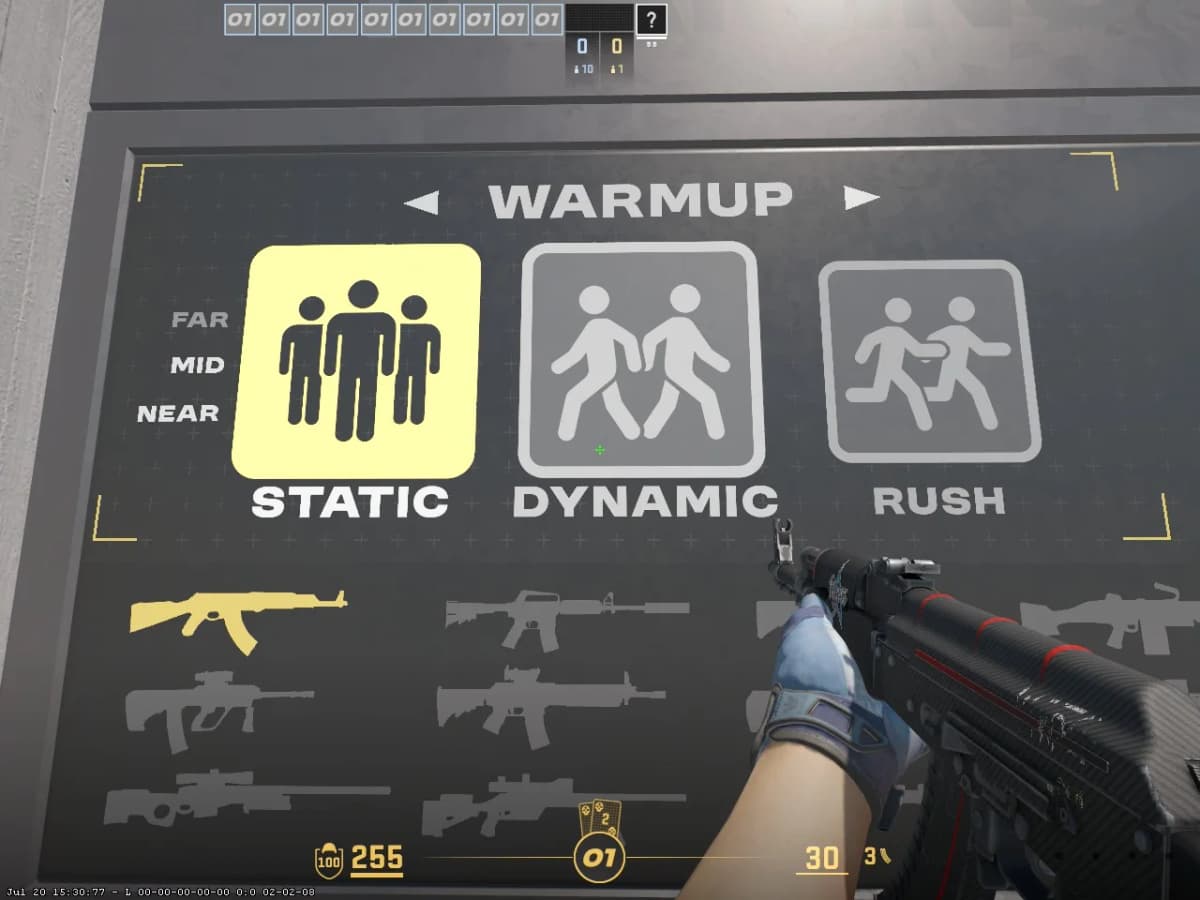 Режимы Static, Dynamic и Rush на панели разминки TRAINING.01