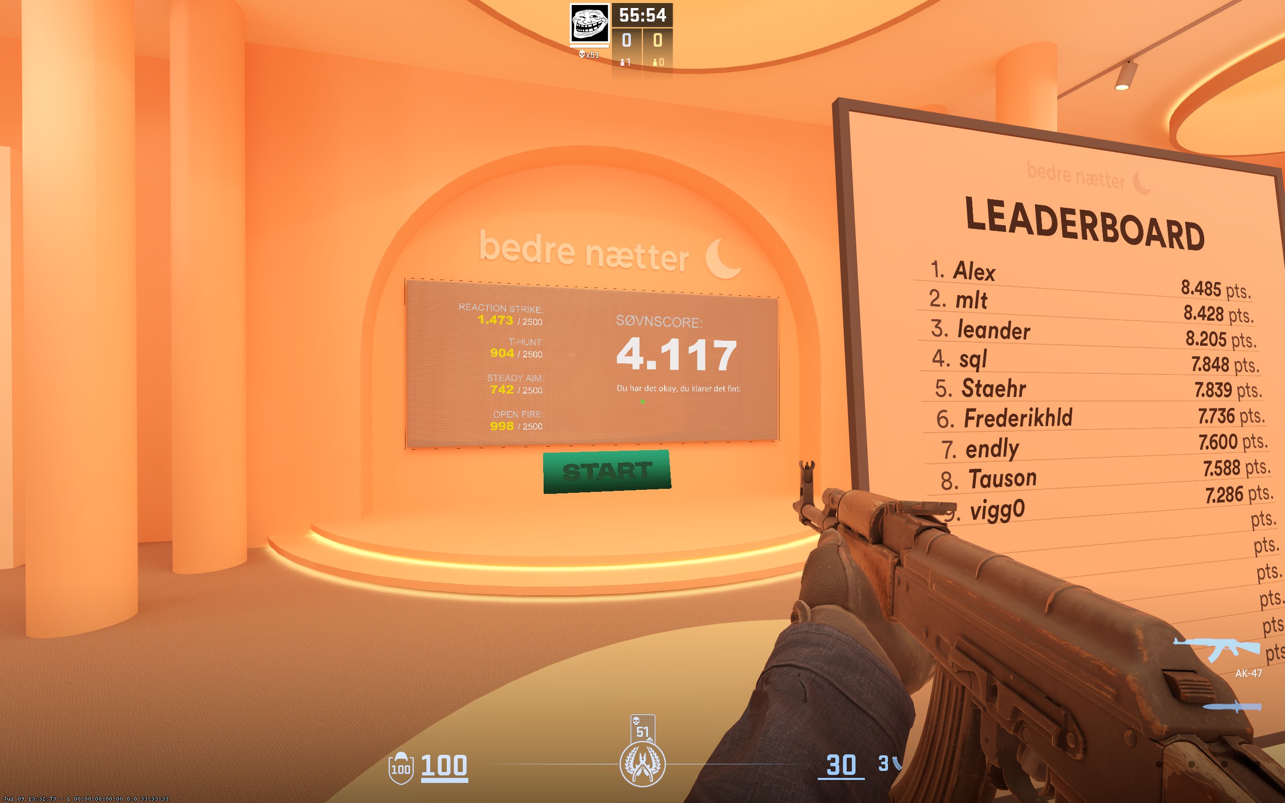 Aim Betternights CS2 — экран результатов Reaction Strike, T-Hunt, Steady Aim, Open Fire и общего score